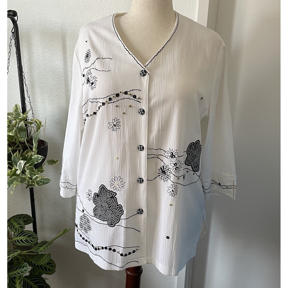 Vintage Allison Daley Top Womens 16 Embroidered Sequin Crinkle Tunic Art To Wear